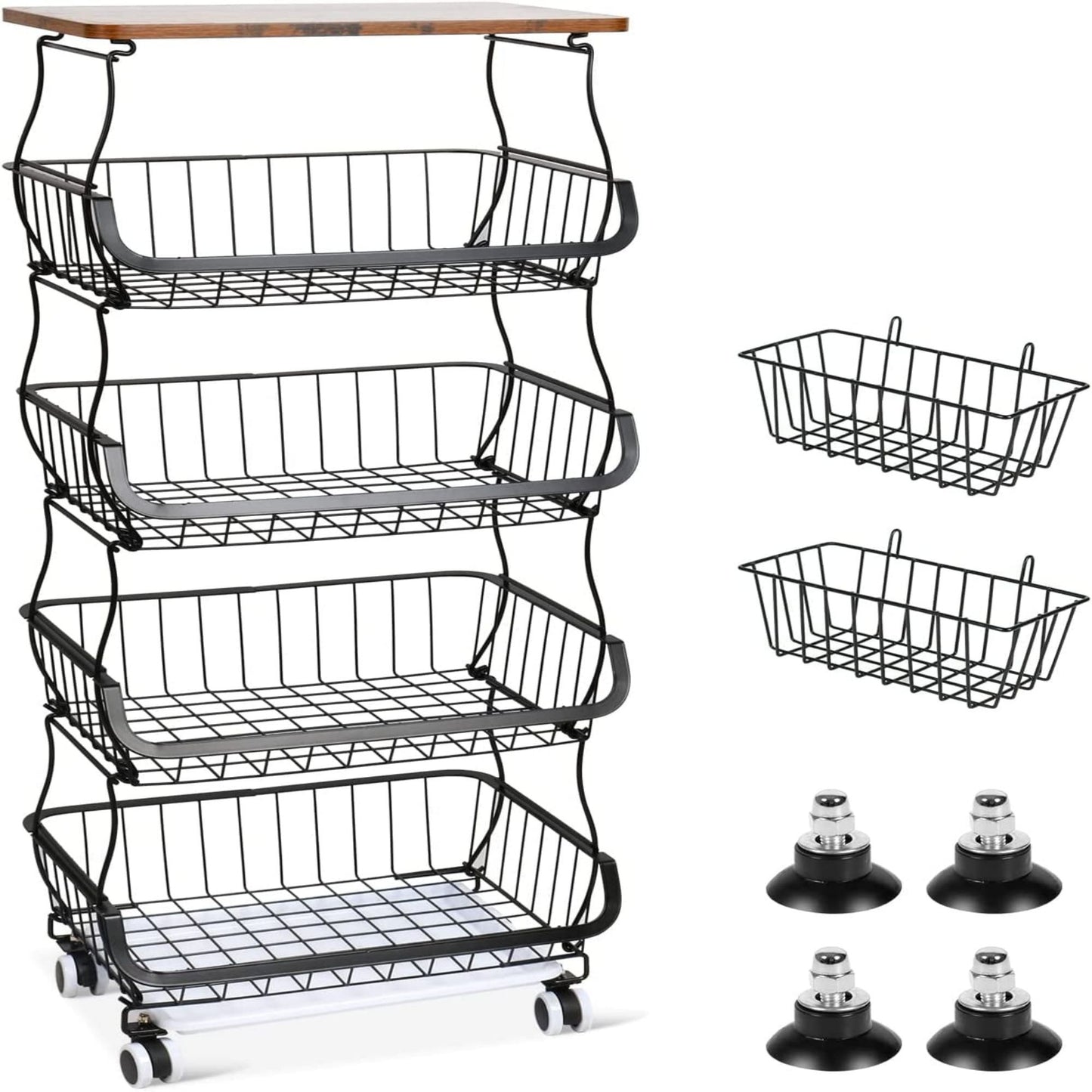 4/5/6 Tier Fruit Basket for Kitchen Organizers and Storage,with Solid Wood Top,Stackable Metal Wire Basket Stand Cart with Wheels for Fruit Vegetable