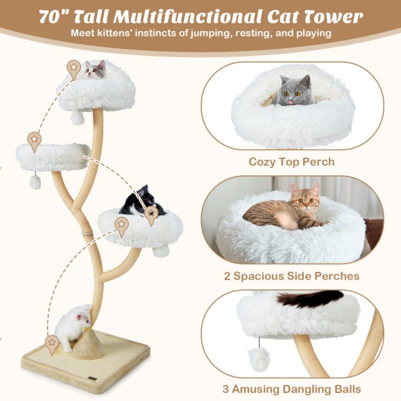 70 Inch Tall Cat Tree 4-Layer Cat Tower with 3 Perches and Dangling Balls