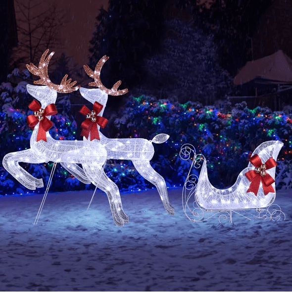 3-Piece Lighted Set Of 2 Reindeer & Sleigh, Weather Proof Christmas Outdoor Decorations With Pre-lit 270 LED White Lights And Stakes For Xmas Outdoor Holiday Indoor Decor Lighted Holiday Displays, Whi