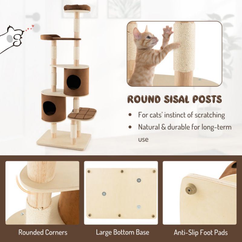 6-Tier Wooden Cat Tree with 2 Removeable Condos Platforms and Perch