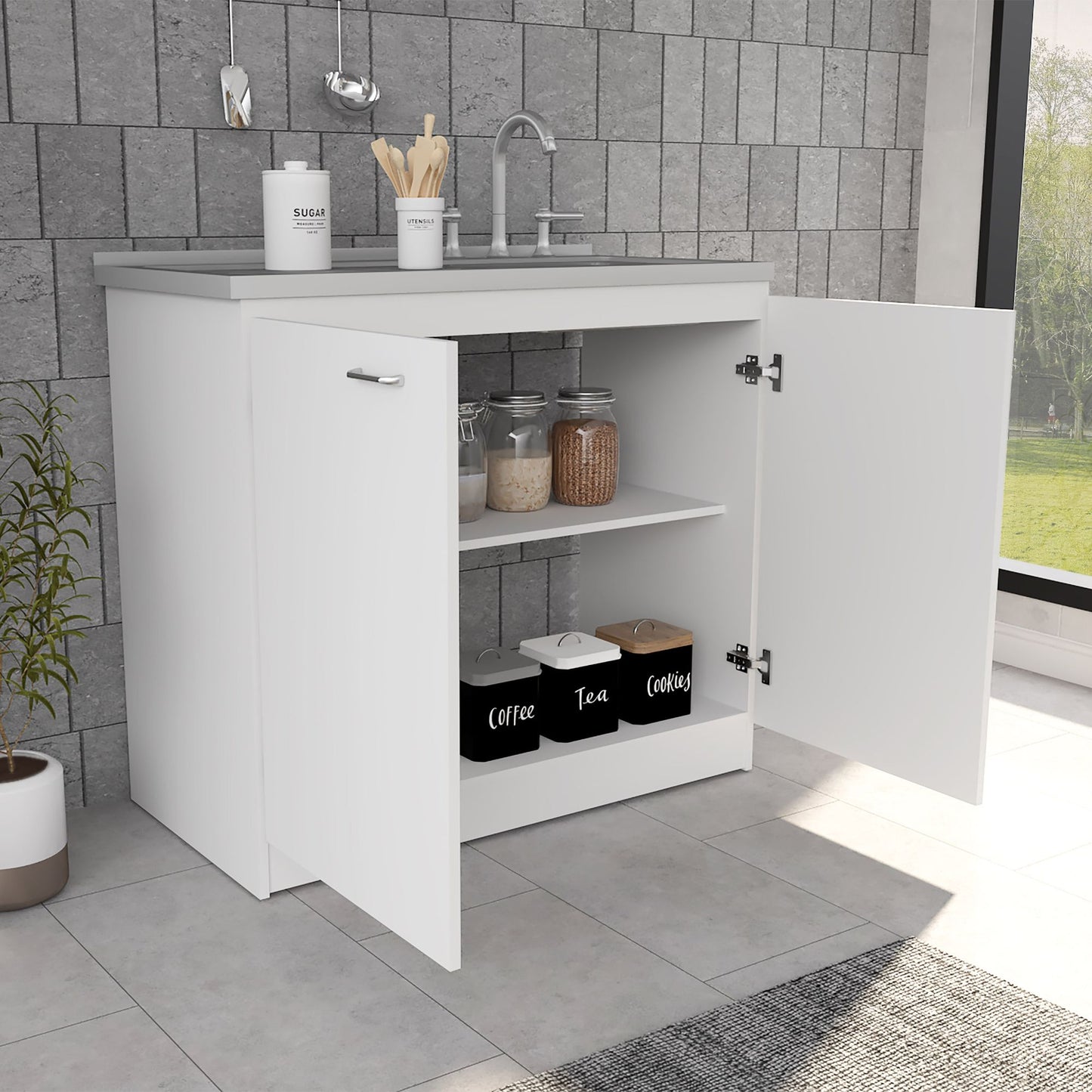 Freestanding Sink, Double Door Cabinet, Two Shelves, White