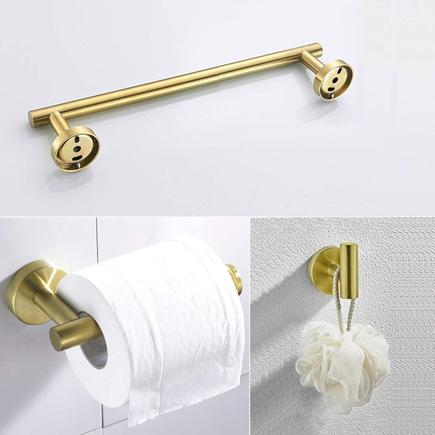 3-Piece Bathroom Hardware Set with Toilet Paper Holder, Towel Ring, Adjustable Towel Bar, Wall Mount Bath Accessory Set RT