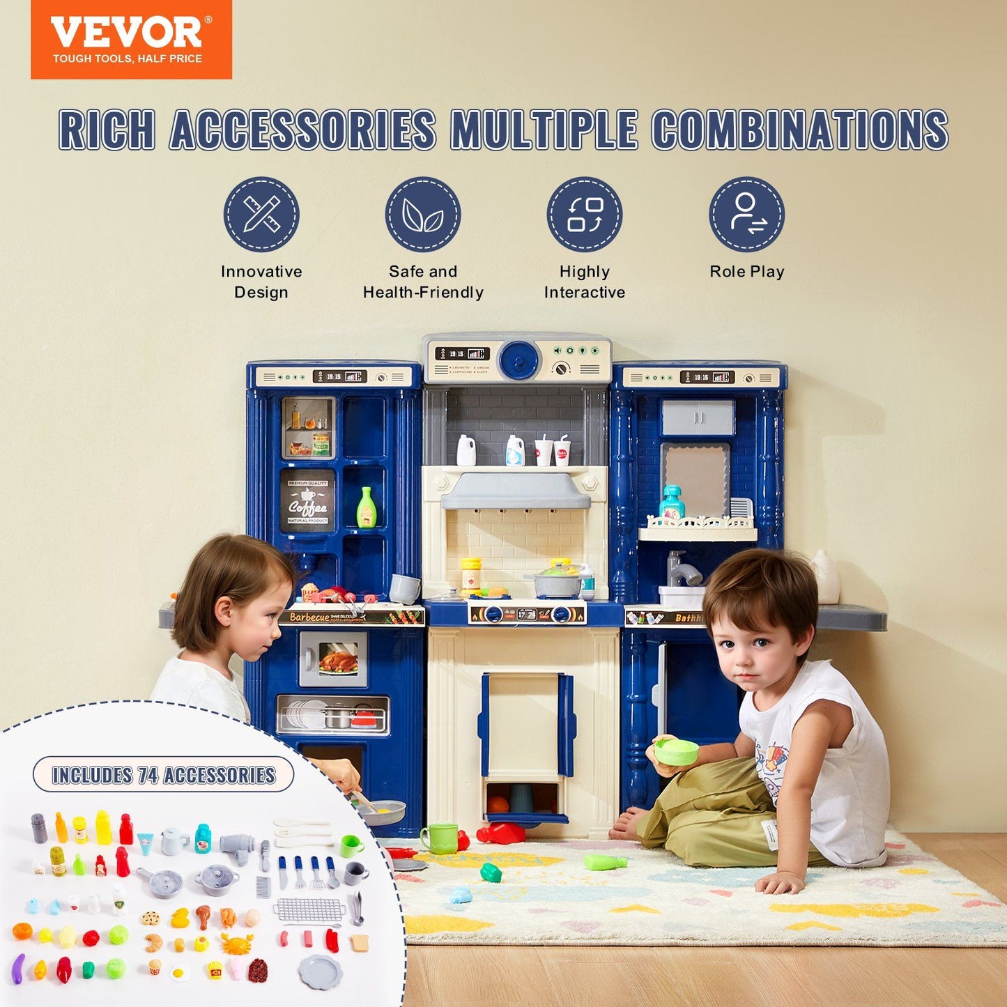 VEVOR Kitchen Playset Kids Pretend Cooking Play Toy 74 Piece Accessories Blue