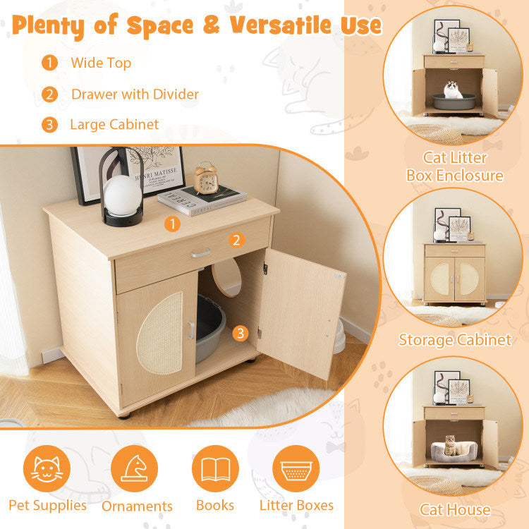 Cat Litter Box Enclosure with Sisal Scratching Doors and Storage