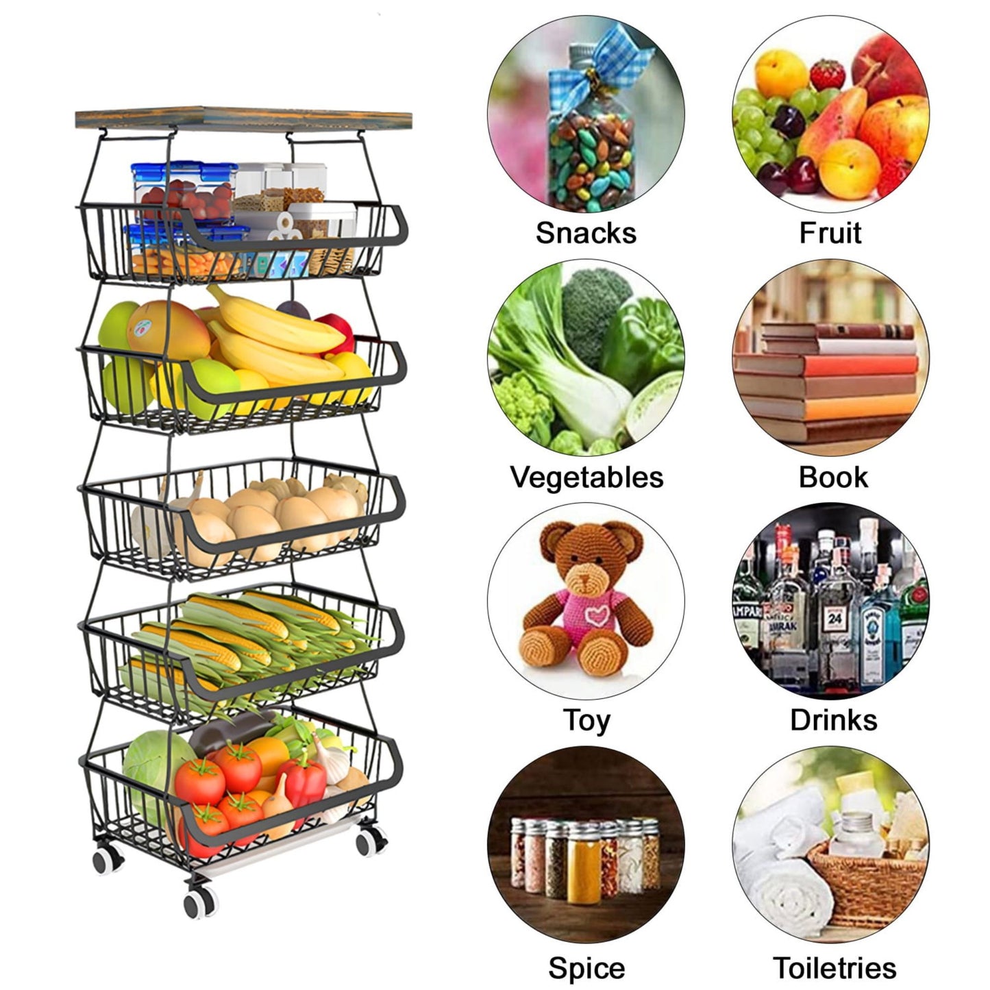 4/5/6 Tier Fruit Basket for Kitchen Organizers and Storage,with Solid Wood Top,Stackable Metal Wire Basket Stand Cart with Wheels for Fruit Vegetable