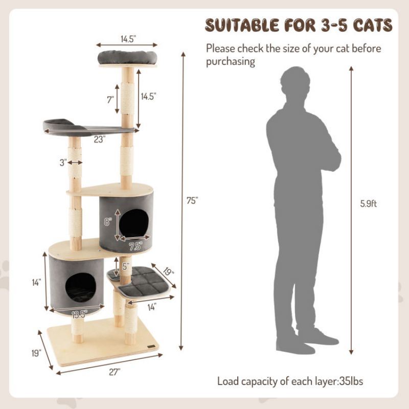 6-Tier Wooden Cat Tree with 2 Removeable Condos Platforms and Perch