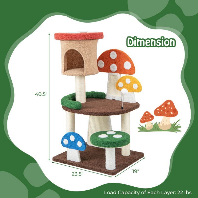 4-In-1 Mushroom Cat Tree with Condo Spring Ball and Sisal Posts