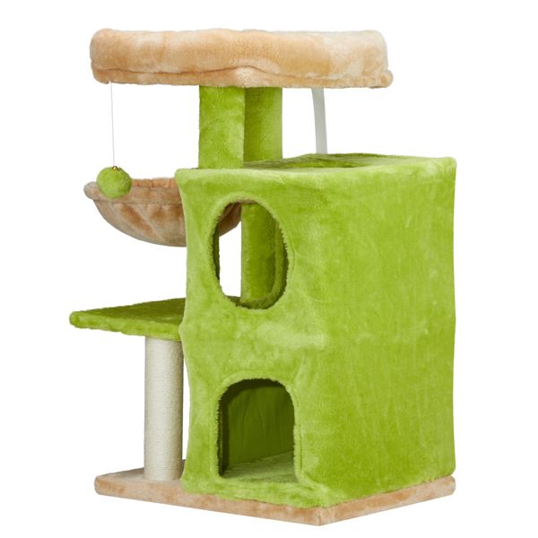 33 inch Cat Tree Cat Tower for Indoor Cats, Cat Activity Center Play House with Large Padded Perch, Hammock, 2-Tiered Condo, Scratching Posts & Dangling Ball, Yellow & Green