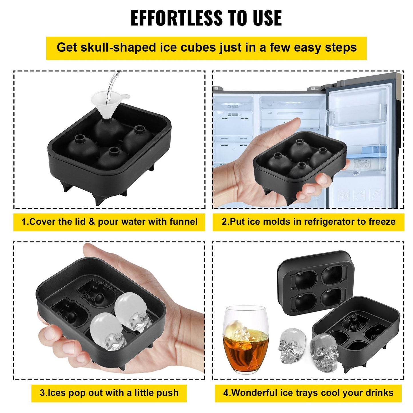 VEVOR Skull Ice Cube Tray, 4-Grid Skull Ice Ball Maker, Flexible Black Silicone Ice Tray with Lid & Funnel, Funny Skull Ice Cubes 1.6"x1.8" Each for Beverage, Chocolate, etc. on Parties & Holidays