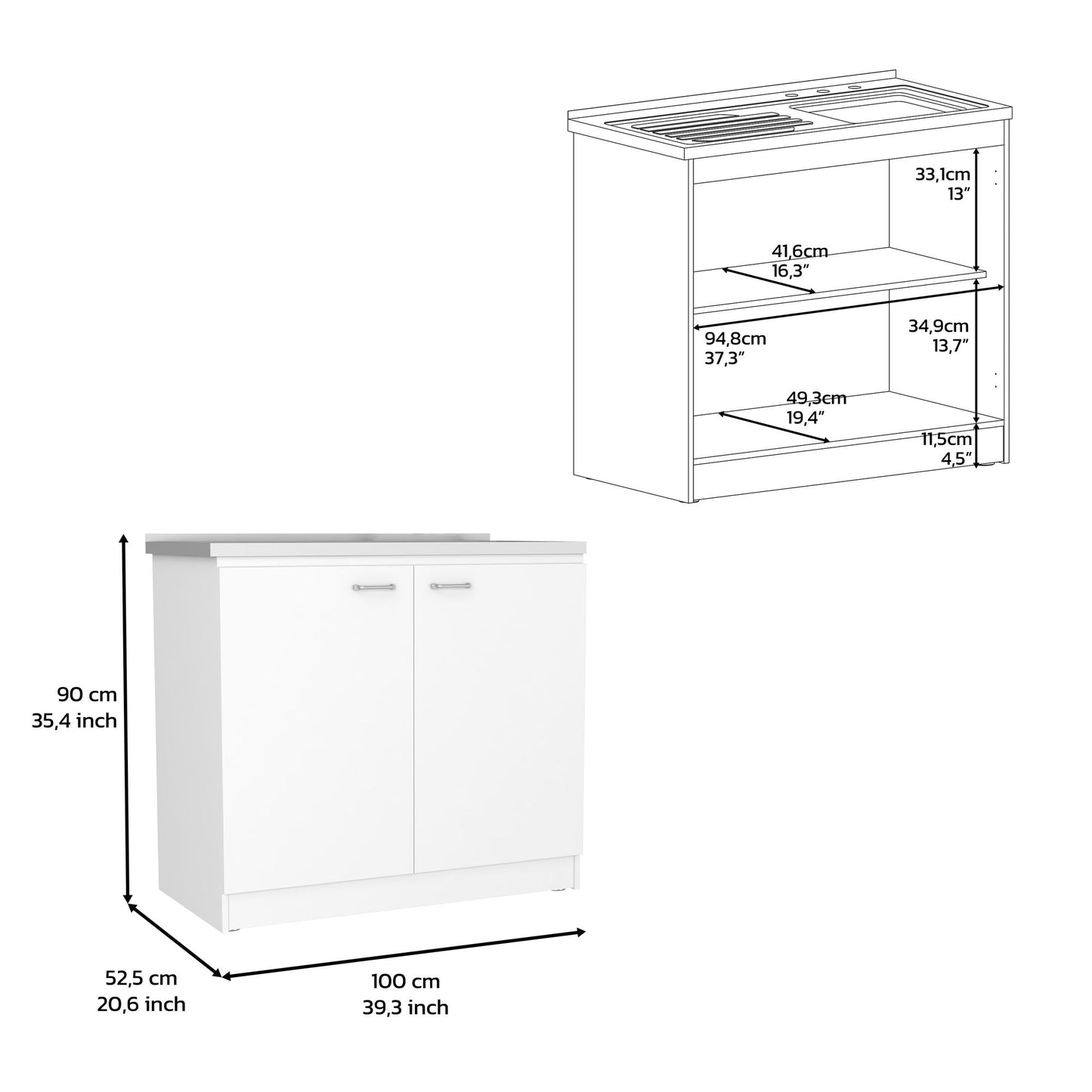 Freestanding Sink, Double Door Cabinet, Two Shelves, White