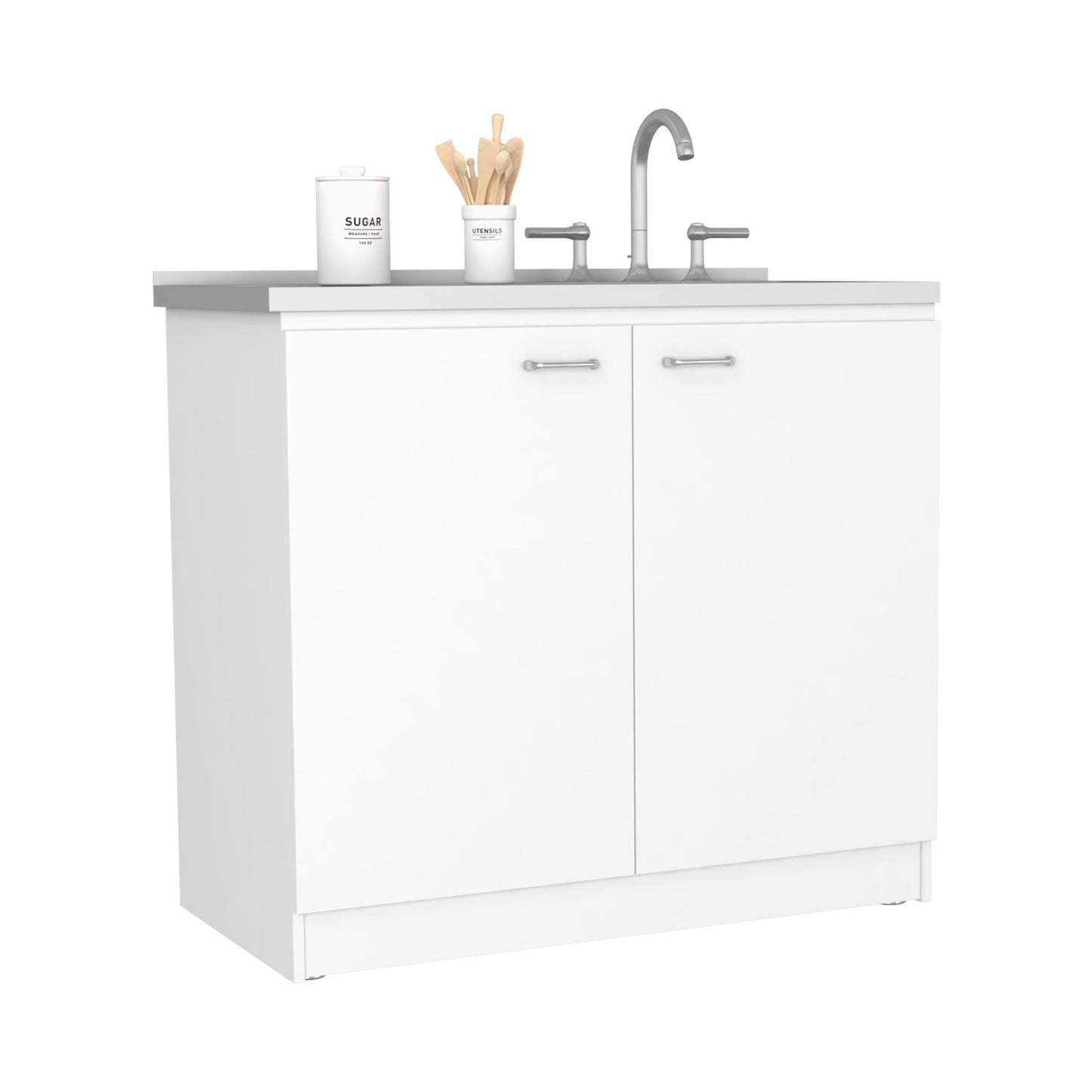 Freestanding Sink, Double Door Cabinet, Two Shelves, White