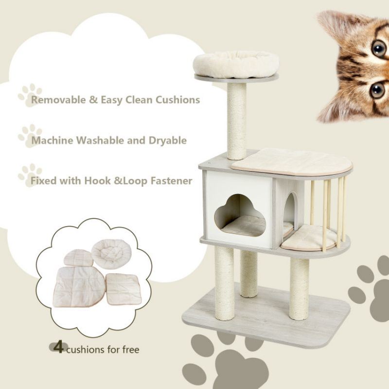 46 Inch Wooden Cat Activity Tree with Platform and Cushions