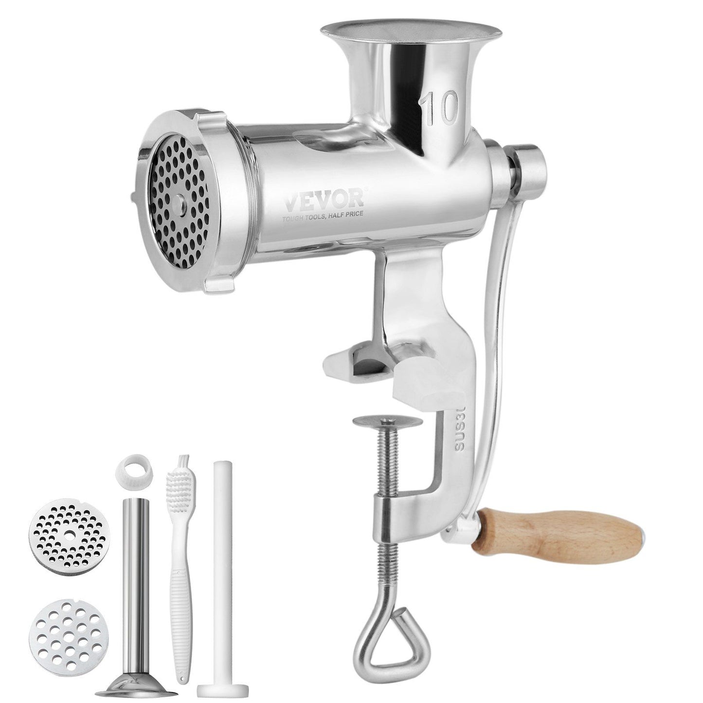 VEVOR Manual Meat Grinder, All Parts Stainless Steel, Hand Operated Meat Grinding Machine with Tabletop Clamp, 2 Grinding Plates & Sausage Stuffer, Ideal for Home Kitchen Restaurant Butcher's Shop