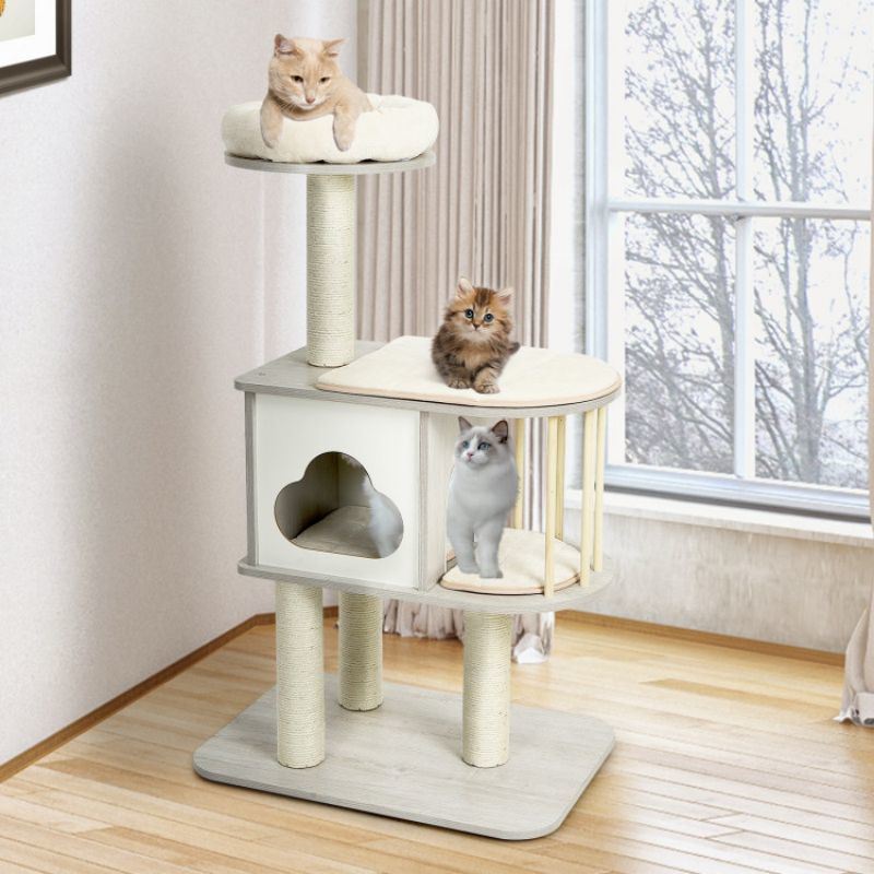 46 Inch Wooden Cat Activity Tree with Platform and Cushions