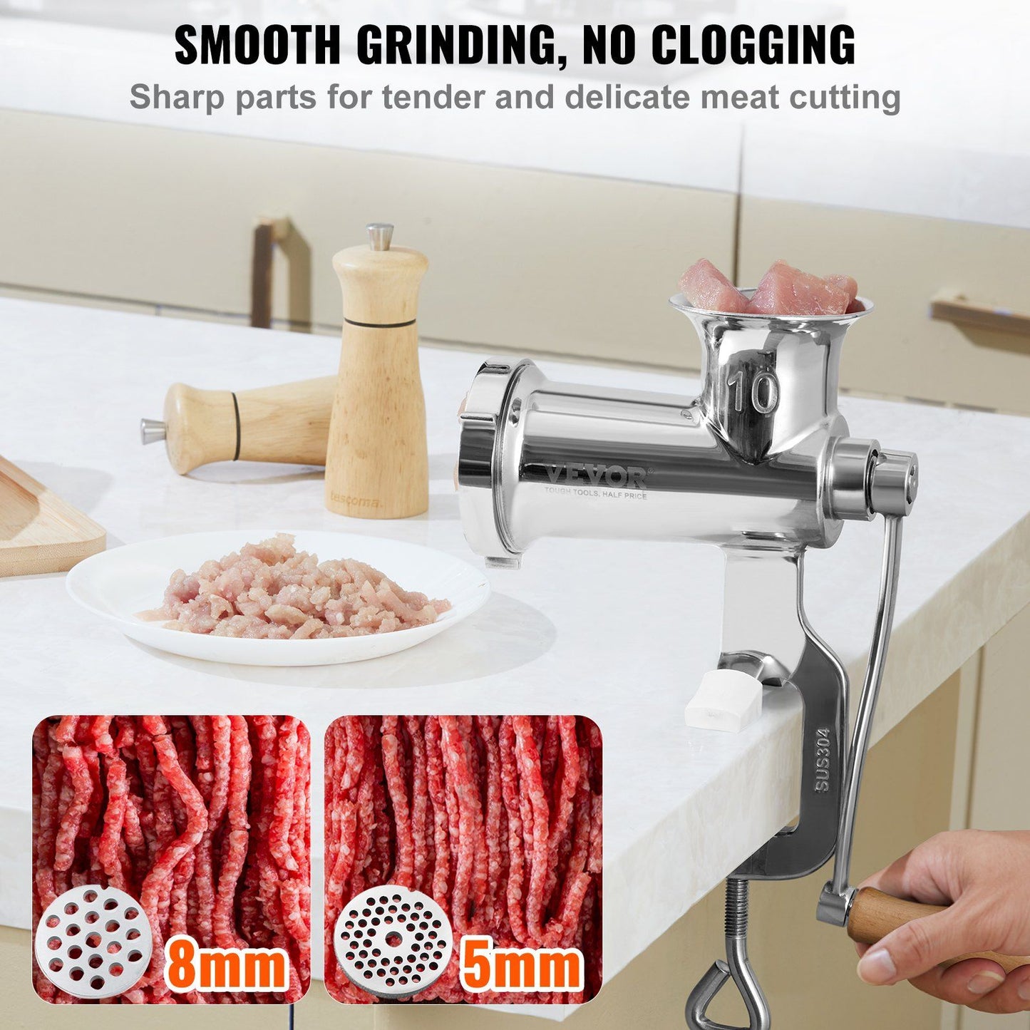 VEVOR Manual Meat Grinder, All Parts Stainless Steel, Hand Operated Meat Grinding Machine with Tabletop Clamp, 2 Grinding Plates & Sausage Stuffer, Ideal for Home Kitchen Restaurant Butcher's Shop