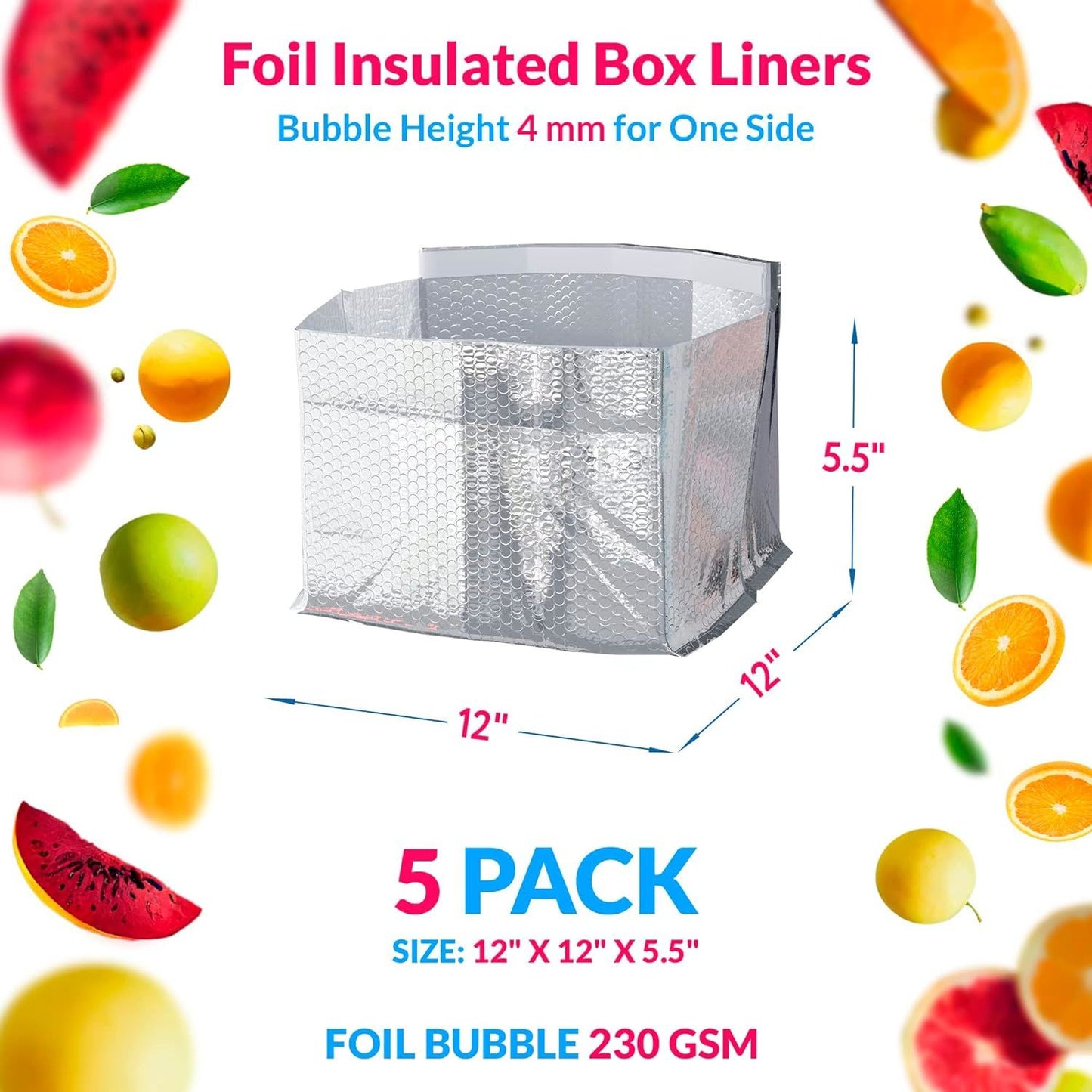 Foil Insulated Box Liners 12" x 12" x 5.5"; Pack of 5 Silver Insulated Shipping Bags for Food; Double Layer Thermal Liner for Boxes Keeps Temperature; Gusseted Shipping Box for Frozen Foods