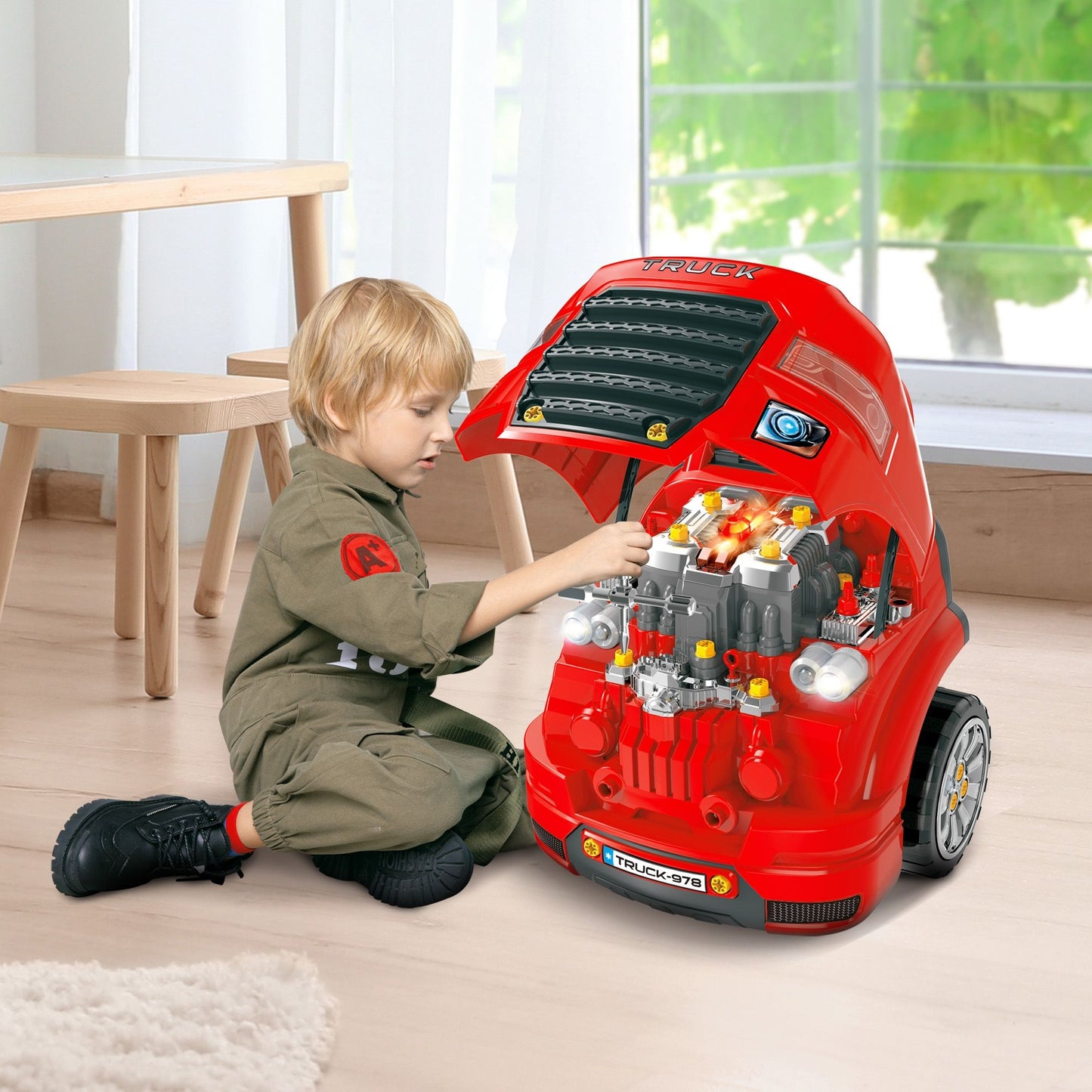 Qaba Kids Truck Engine Toy, Kids Mechanic Car Repair Set, Engine Disassembly Play Workshop, Includes 61 Pieces, Steering Wheel, Horn, Light for 3-5 Years Old, Red