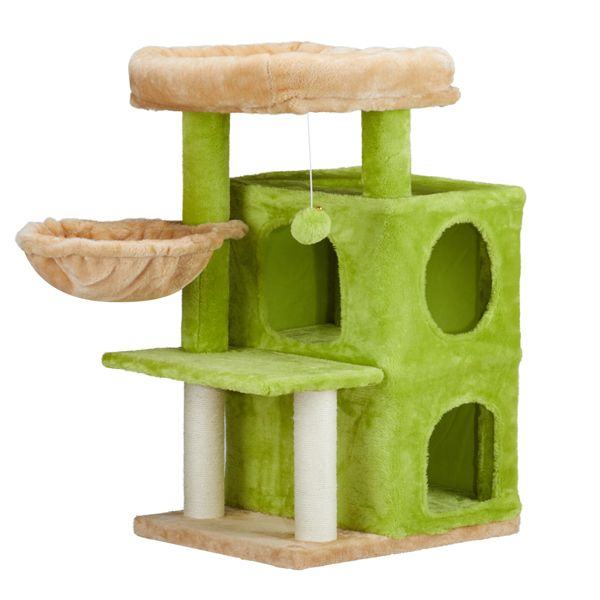 33 inch Cat Tree Cat Tower for Indoor Cats, Cat Activity Center Play House with Large Padded Perch, Hammock, 2-Tiered Condo, Scratching Posts & Dangling Ball, Yellow & Green