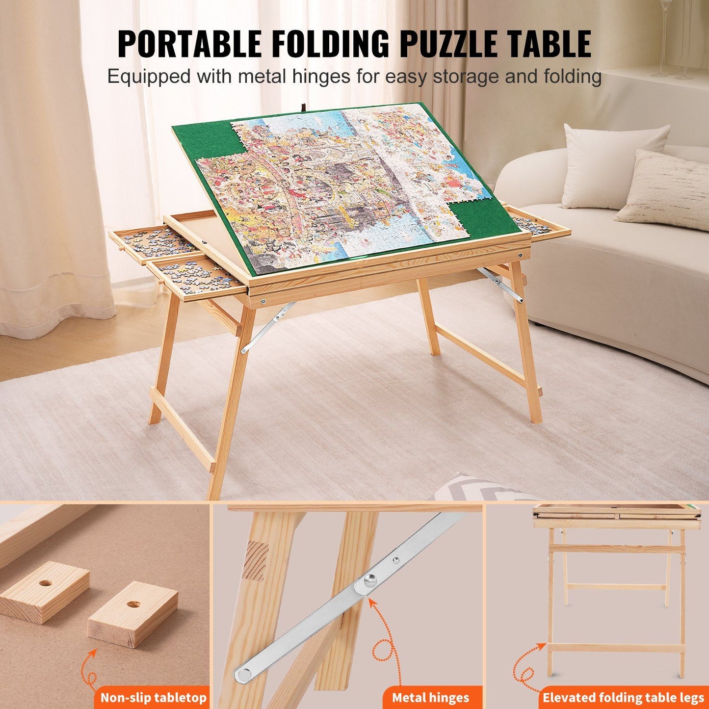 VEVOR 1500 Piece Puzzle Table with Folding Legs, 4 Drawers and Cover, 32.7"x24.6" Wooden Jigsaw Puzzle Plateau, Adjustable 3-Tilting-Angle Puzzle Board, Puzzle Storage System for Adults, Gift for Mom