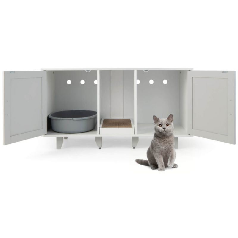 2-Door Cat Litter Box Enclosure with Winding Entry and Scratching Board