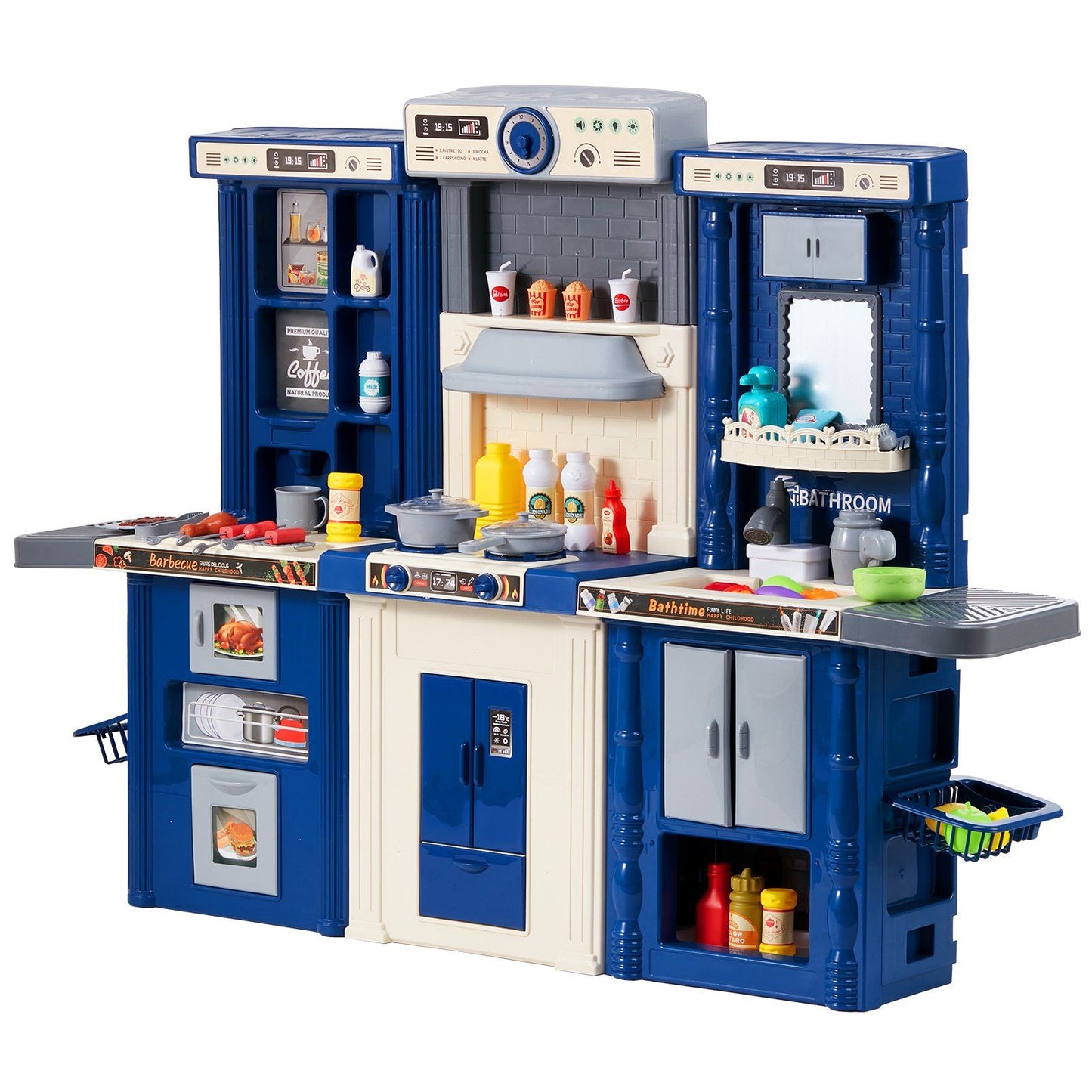 VEVOR Kitchen Playset Kids Pretend Cooking Play Toy 74 Piece Accessories Blue