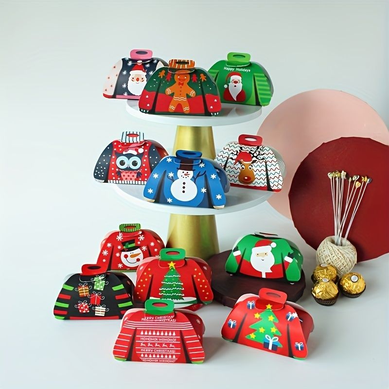 24Pcs Christmas Candy Boxes Assorted 3D Christmas Ugly Sweater Cookie Paper Boxes Cloth Shape Treat Box for Xmas Party Decor Supplies