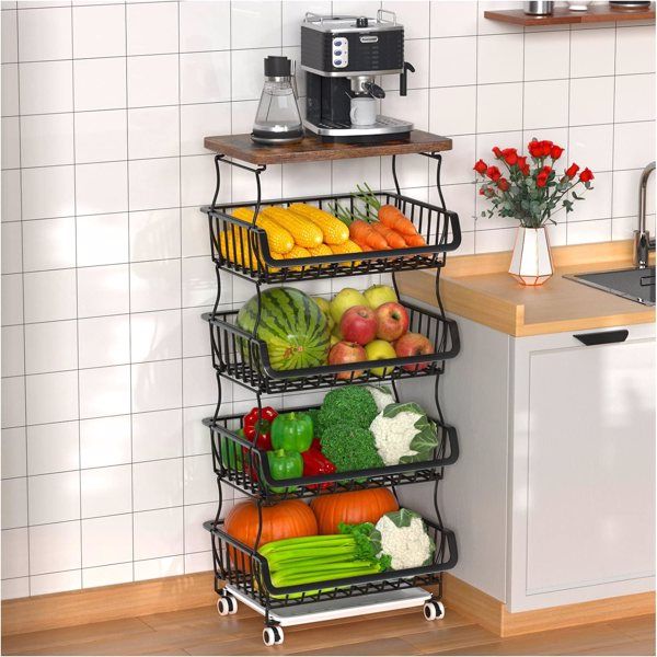 5-layer fruit basket, used for kitchen organizer and storage, stackable metal wire basket vertical cart, floor standing fruit rack basket with wheels