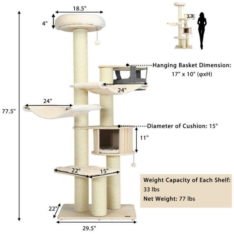 77.5 Inch Cat Tree Condo Multi-Level Kitten Activity Tower with Sisal Posts