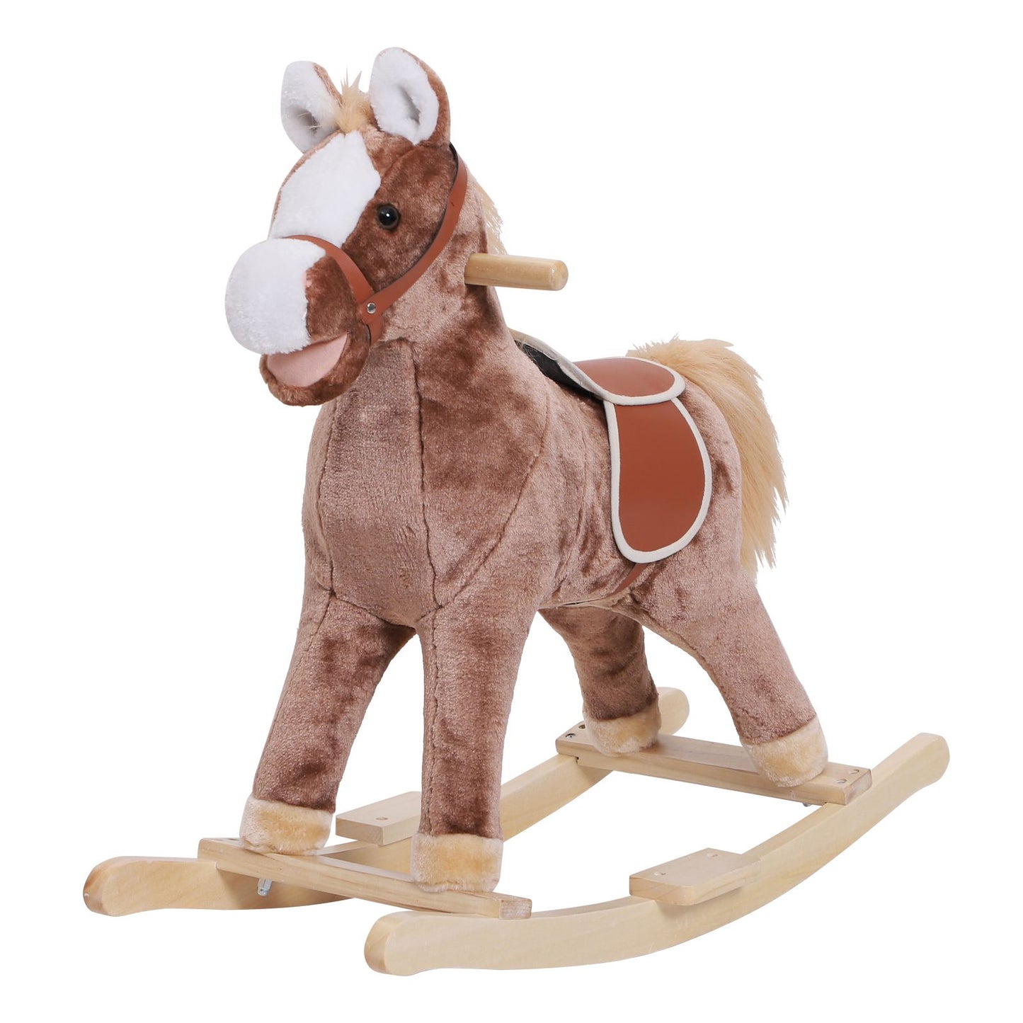 Qaba Kids Rocking Horse, Plush Toddler Rocker, Wooden Base Ride-On Toy with Handle Grip, Traditional Toy for Kids 36M+, Brown