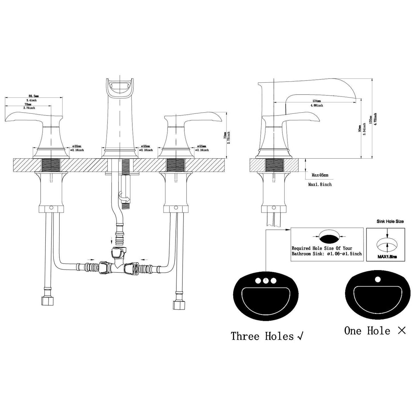 The new model is beautiful and practical Waterfall Bathroom Sink Faucet 3 Hole Dual Handle 8 Inch Bath Faucet with Plastic Perforated Drainer