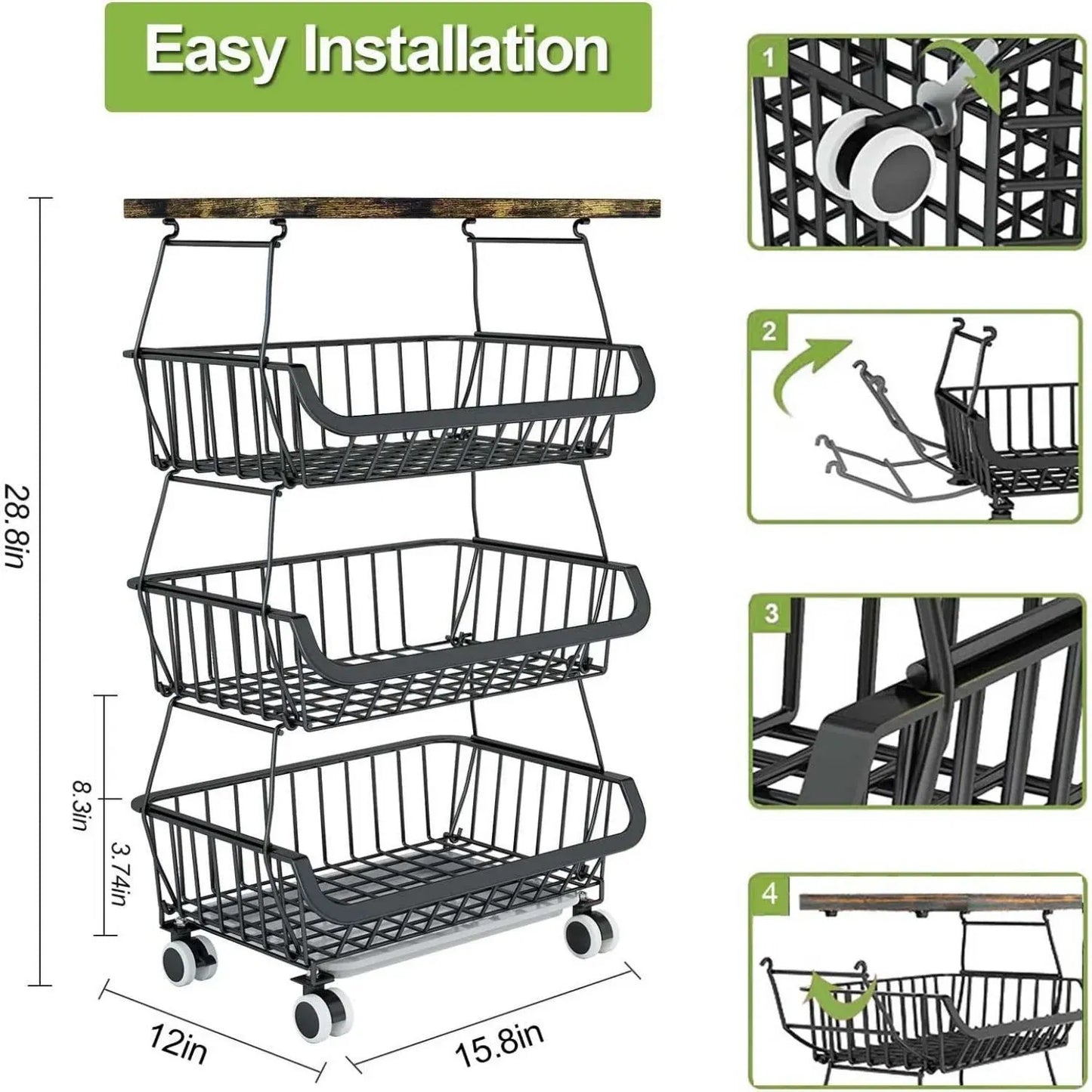 4/5/6 Tier Fruit Basket for Kitchen Organizers and Storage,with Solid Wood Top,Stackable Metal Wire Basket Stand Cart with Wheels for Fruit Vegetable