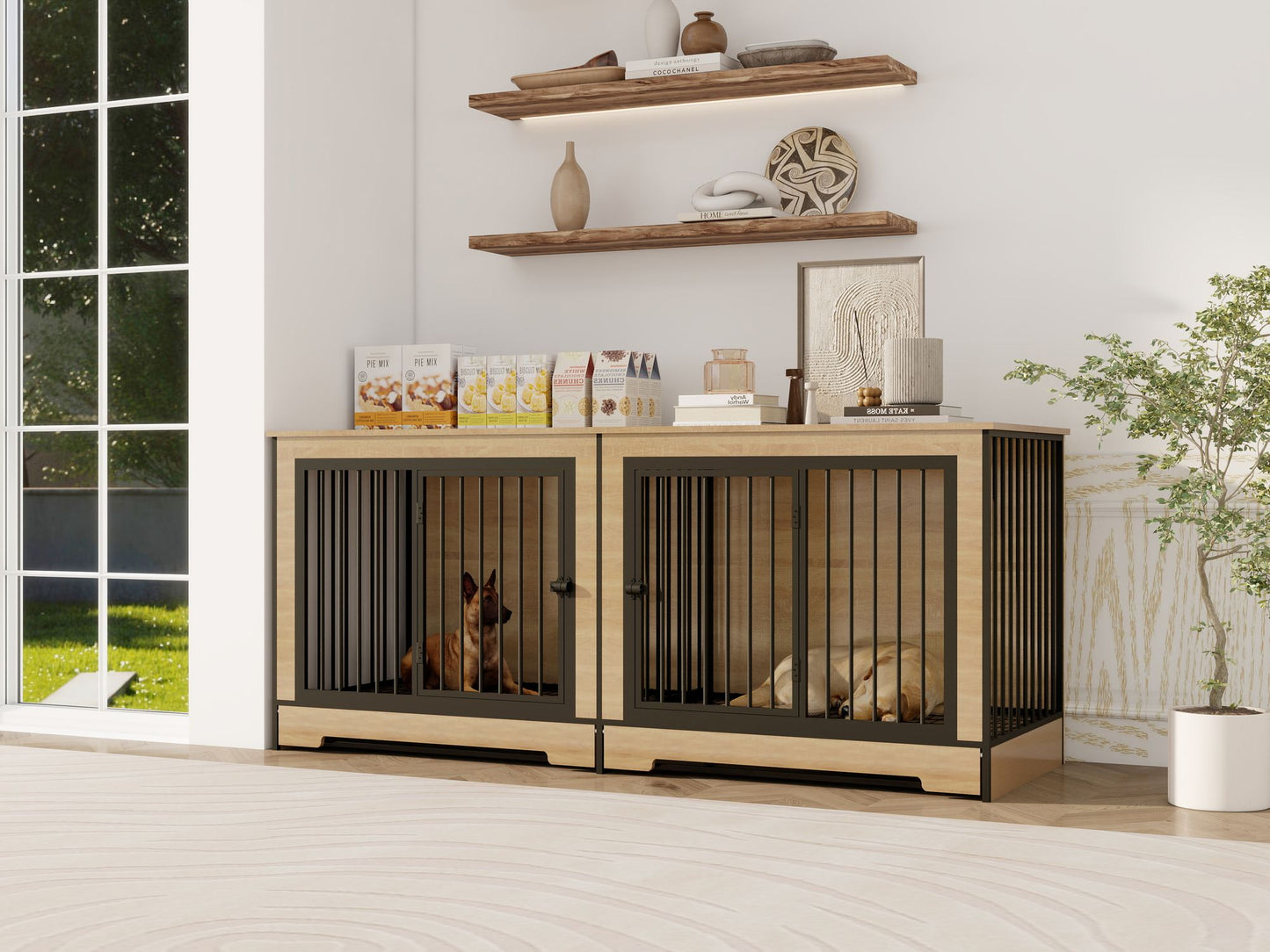 Dog Crate Furniture with Two Combined Room, XL Large Double Dog Cage Furniture with Tray for Medium Large Dogs, Wooden Dog Kennel Furniture