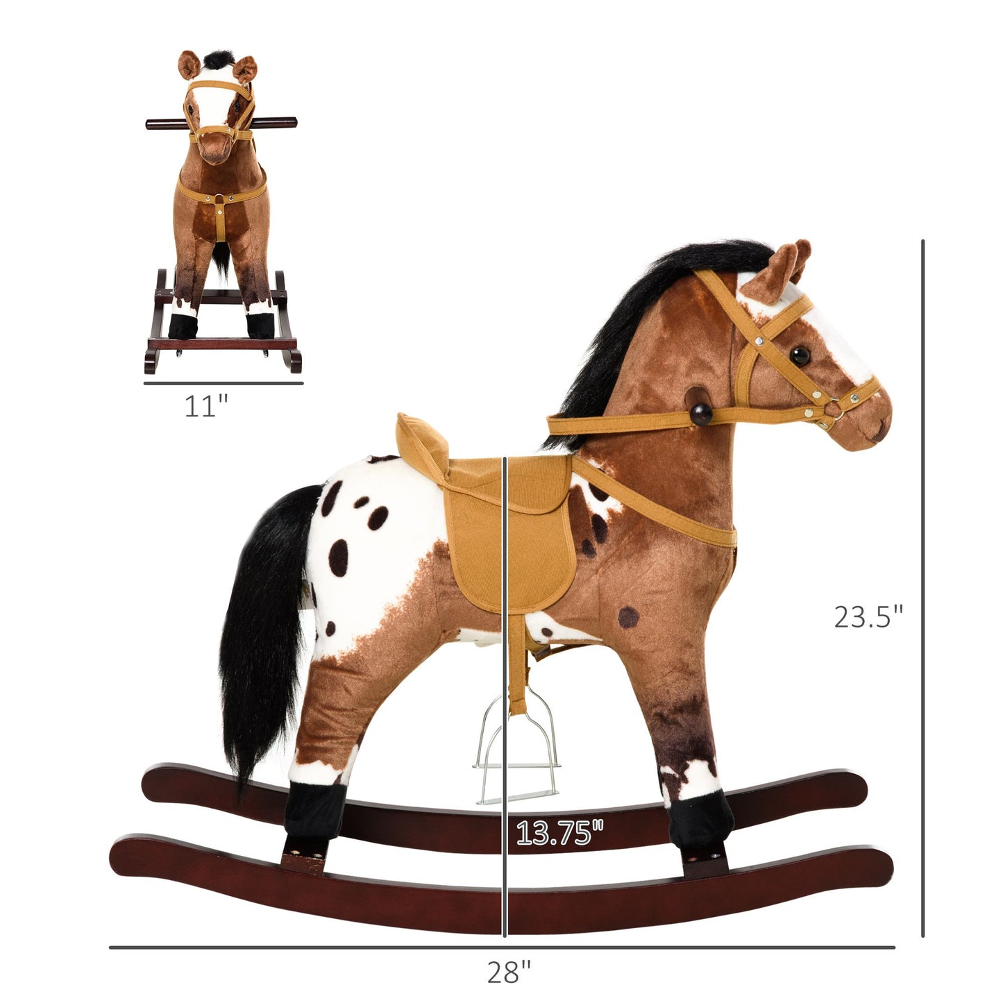 Qaba Kids Metal Plush Ride-On Rocking Horse Chair Toy With Realistic Sounds - Dark Brown/White