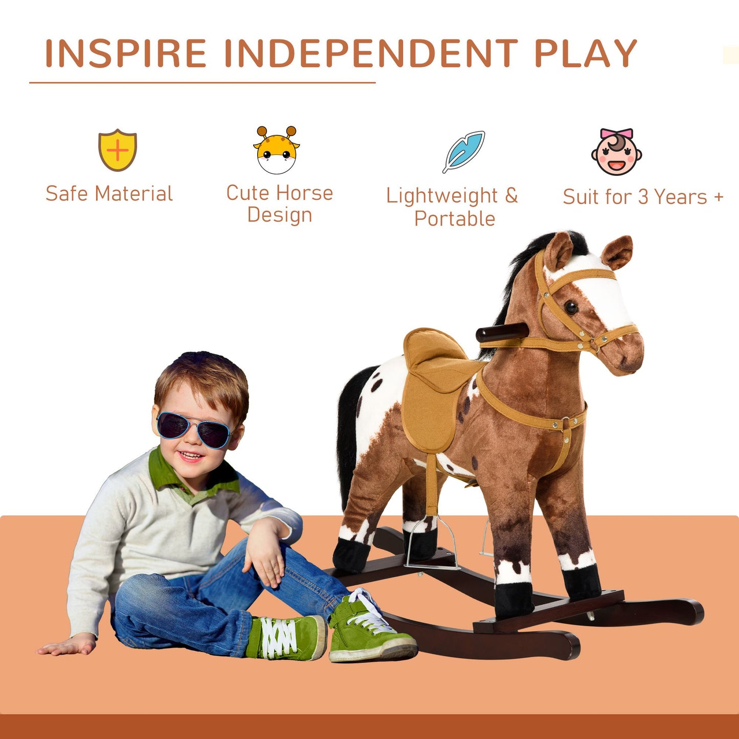 Qaba Kids Metal Plush Ride-On Rocking Horse Chair Toy With Realistic Sounds - Dark Brown/White