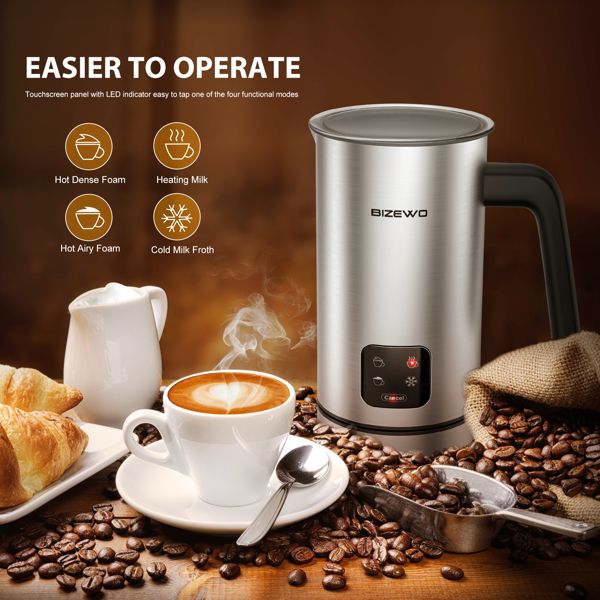 Milk Frother and Steamer, Electric Milk Warmer with Touch Screen, BIZEWO 4 IN 1 Automatic Stainless Steel Steamer for Coffee , Latte, Hot Chocolates