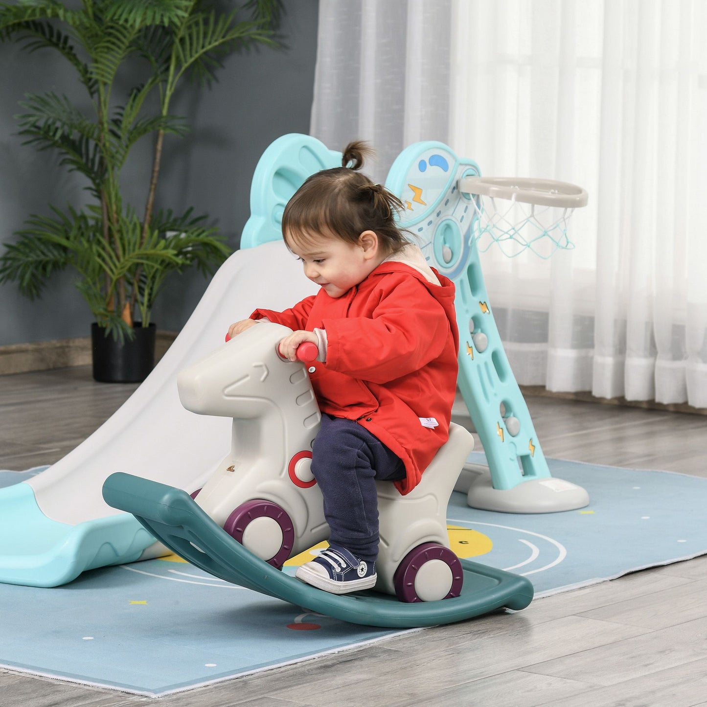 Kids 2 in 1 Rocking Horse & Sliding Car for Indoor & Outdoor Use w/ Detachable Base, Wheels, Smooth Materials, Grey and Green