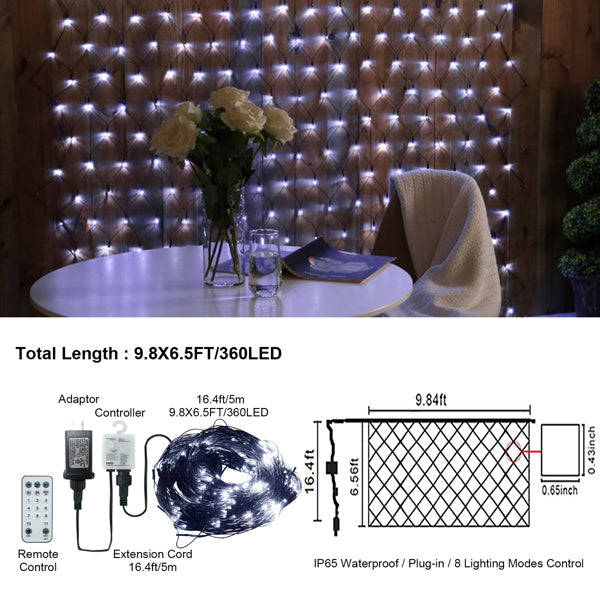 9.8*6.5FT Christmas Mesh Net Light,360 LED Net Light with 8 Modes&Remote,Connectable Net String Christmas Lights for Garden/Bushes/Indoor Outdoor/Curtain/Fairy/Wall/Party/Wedding/Xmas Tree Decorations