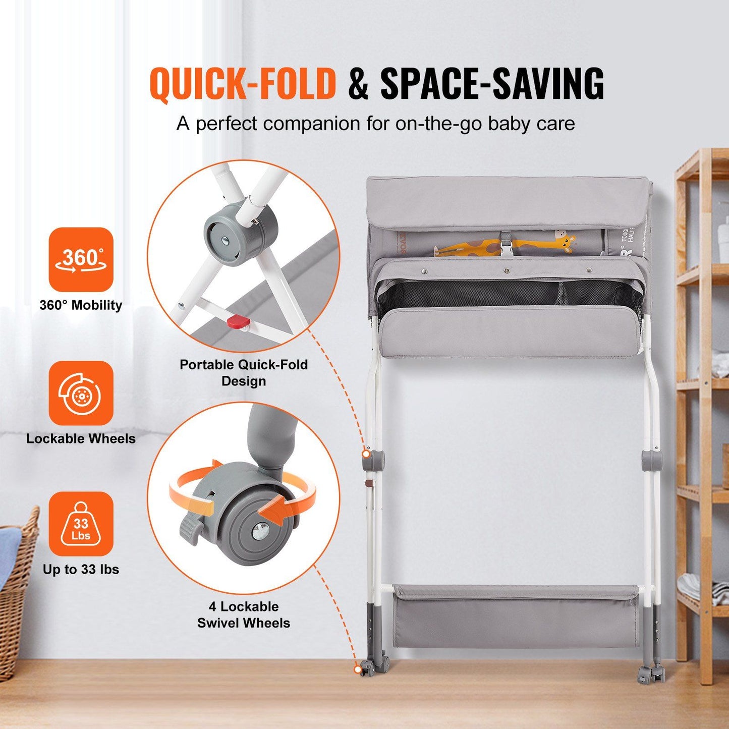 Baby Changing Table, Folding Diaper Changing Station with Lockable Wheels, Portable Changing Table 3-level Adjustable Heights, with Storage Basket & Hanging Racks for Newborns & Infant