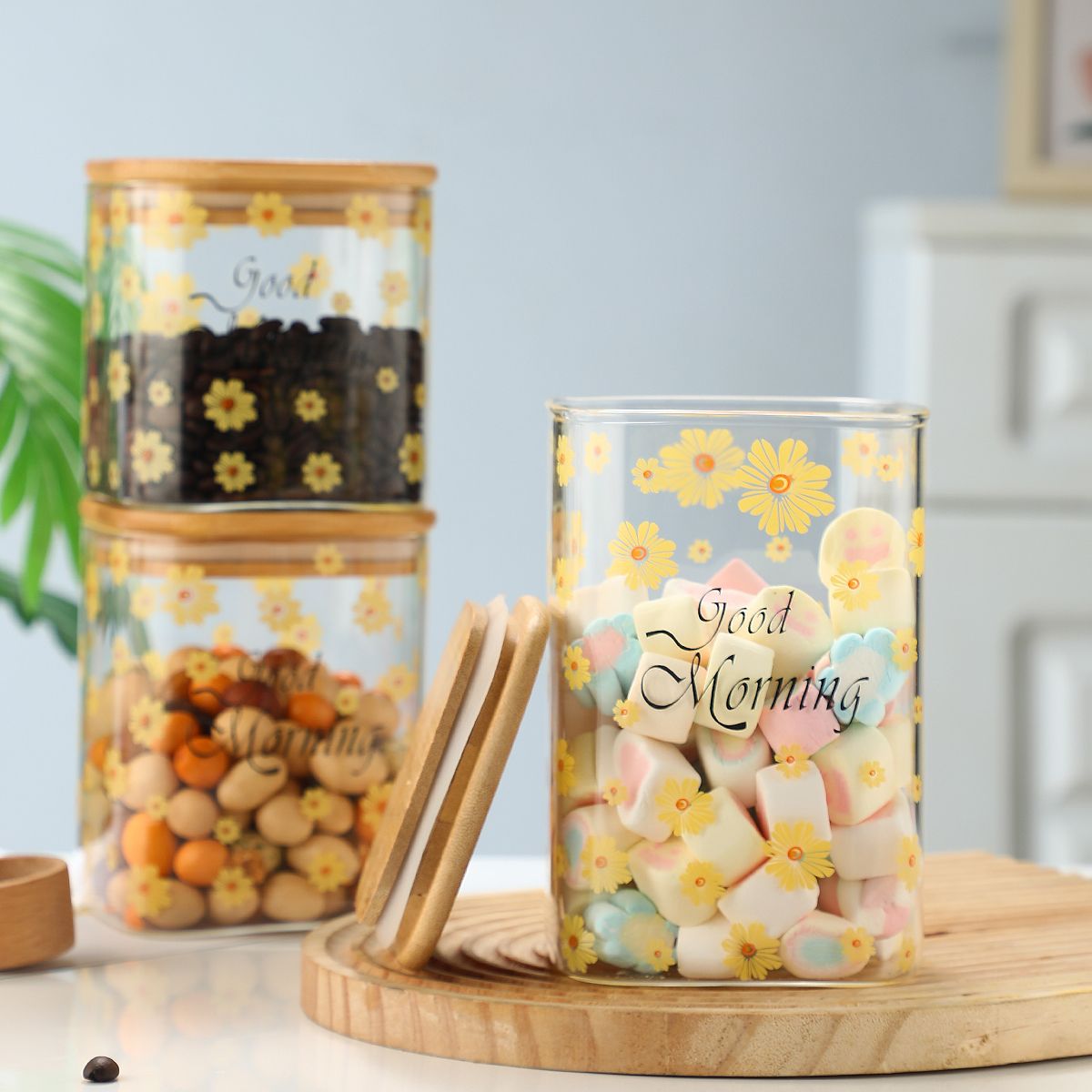 3 Pcs Glass Storage Jars Coffee Jars Candy Jars Snack Jars Miscellaneous Grain Jars Tea Jars With Bamboo Caps