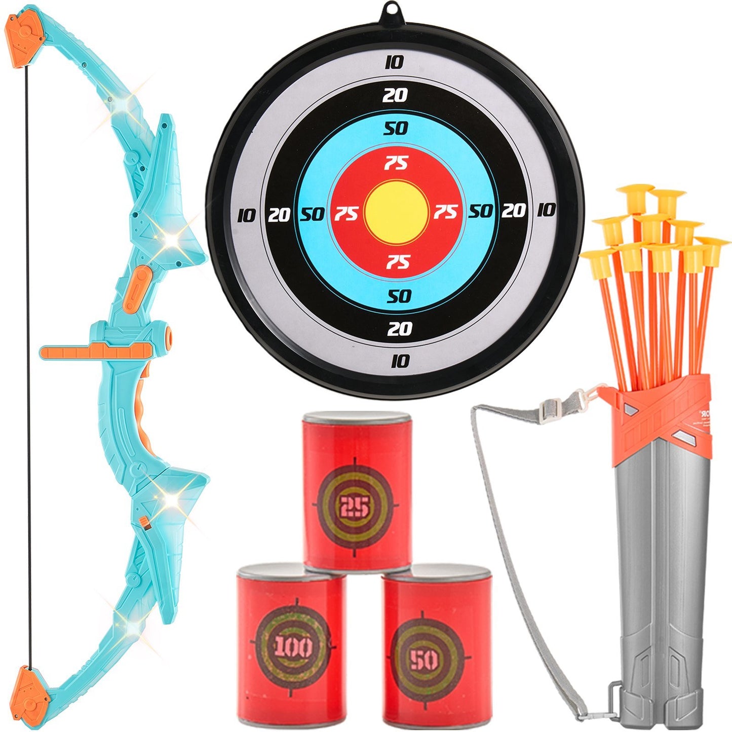 VEVOR Bow and Arrow Set for Kids, LED Light Up Archery Set with 10 Suction Cup Arrows, Hanging Target, Quiver, 3 Target Cans, Outdoor Toy for Boys & Girls 6 7 8 9 10+ Years Old, Birthday Gift for Kid