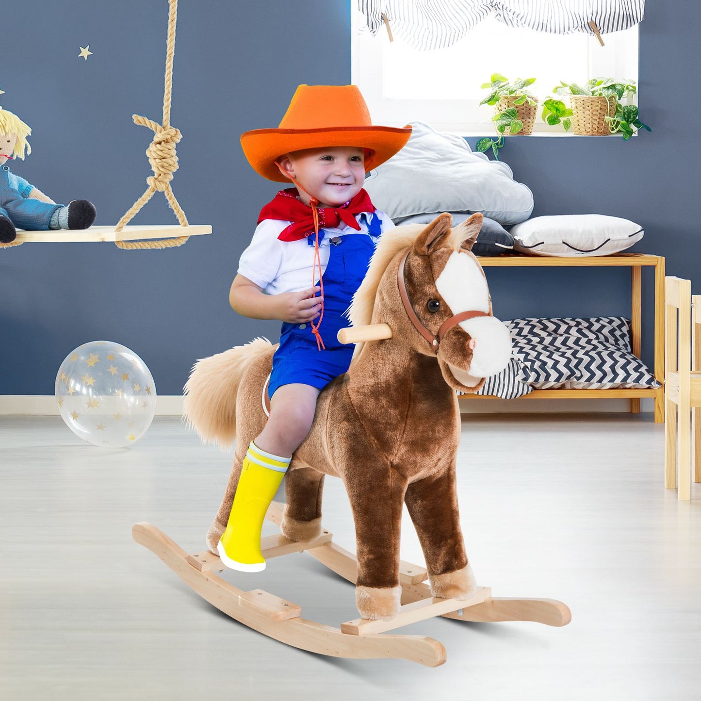 Qaba Kids Rocking Horse, Plush Toddler Rocker, Wooden Base Ride-On Toy with Handle Grip, Traditional Toy for Kids 36M+, Brown