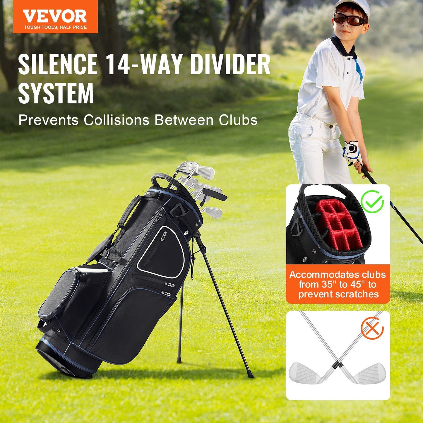 VEVOR Golf Cart Bag with 14 Way Organizer Divider Top, 35' 11 Pockets Premium Cart Bag with Stand, Durable Golf Bags with Handles & Dust Cover & Detachable Dual Strap for Men & Women, Black White