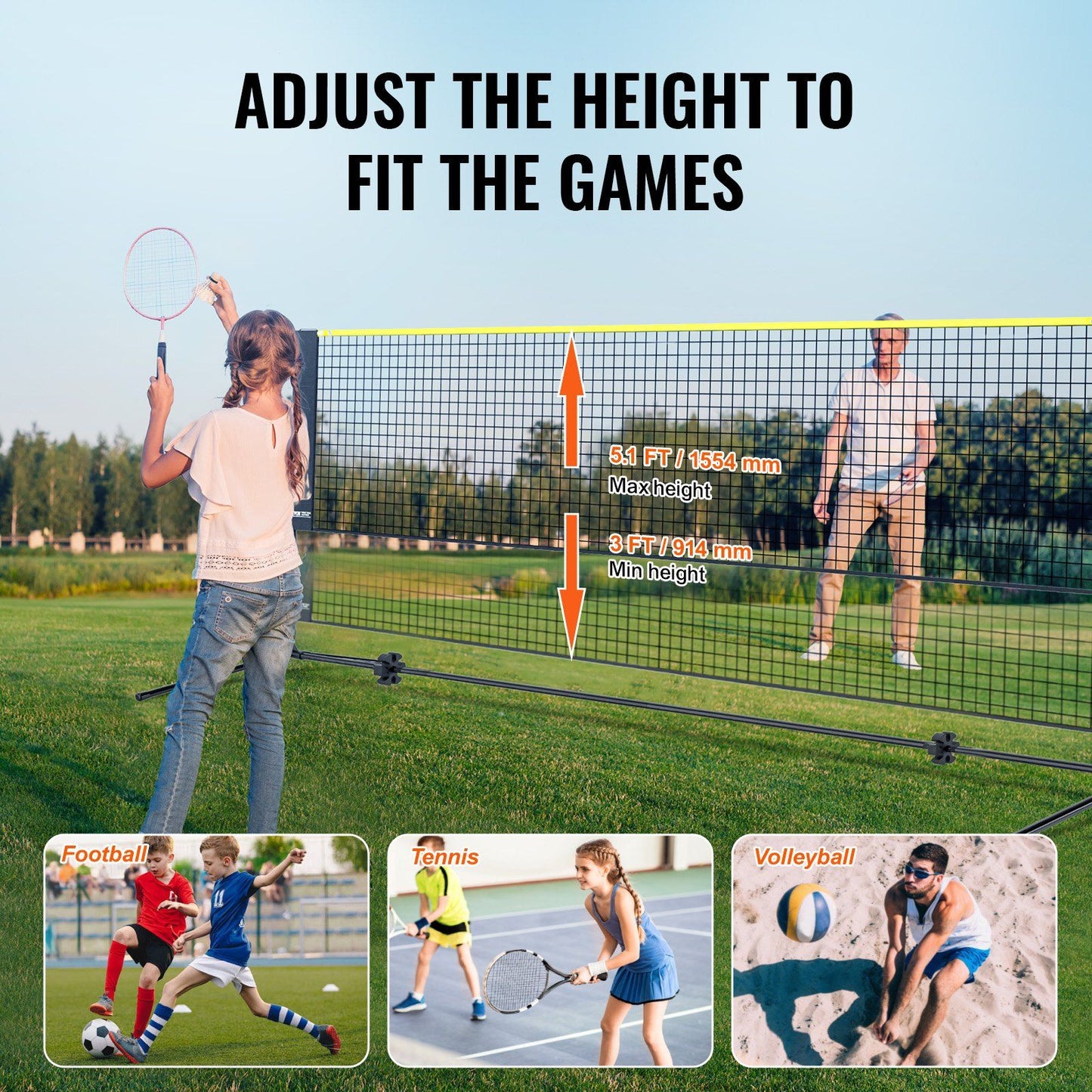 VEVOR Badminton Net, Height Adjustable Volleyball Net, 14ft Wide Foldable Pickleball Net, Portable Easy Setup Tennis Net Set with Poles, Stand and Carry Bag, for Kids Backyard Game Indoor Outdoor Use