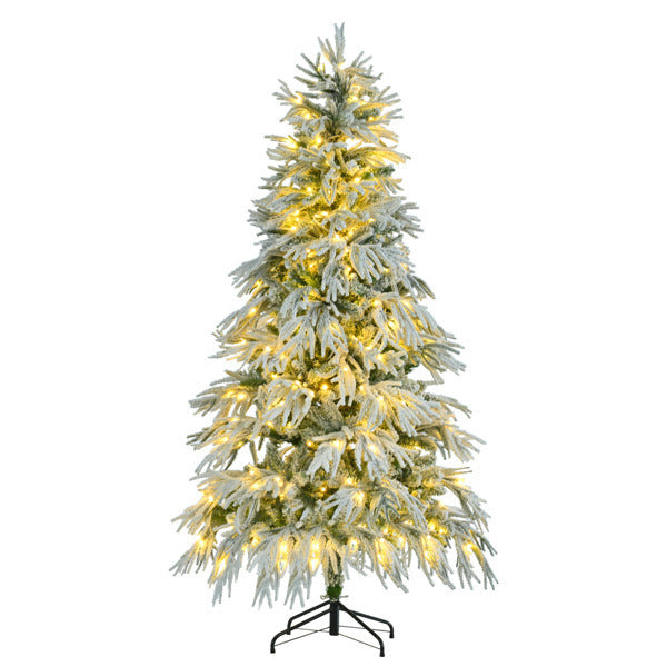 6FT Pre-Lit Spruce Snow Flocked Christmas Tree, Artificial Hinged Xmas Tree with 300 Multi-Color LED Lights, 8 Flashing Modes &790 Snow Branch Tips, Holiday Office Home Décor