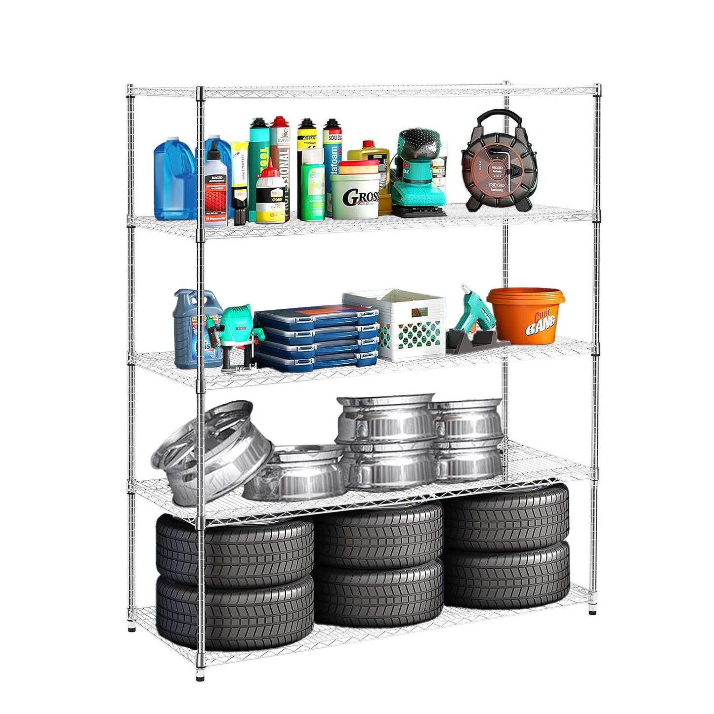 Warehouse, supermarket,kitchen,and other 5-layer heavy-duty adjustable shelves with wheels and adjustable feet,each metal frame bearing 300 pounds. 59.45 "L × 24.02 "W × 71.65 "H.