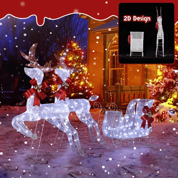 3-Piece Lighted Set Of 2 Reindeer & Sleigh, Weather Proof Christmas Outdoor Decorations With Pre-lit 270 LED White Lights And Stakes For Xmas Outdoor Holiday Indoor Decor Lighted Holiday Displays, Whi