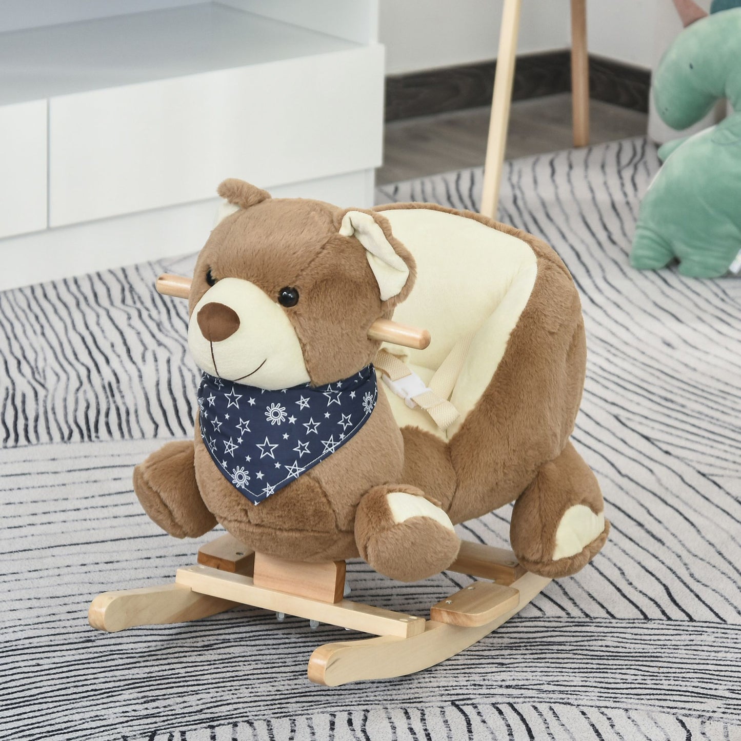 Qaba Baby Rocking Horse with Lullaby, Riding Horse, Bear Themed Plush Animal Rocker with Pedals for Ages 18-36 Months