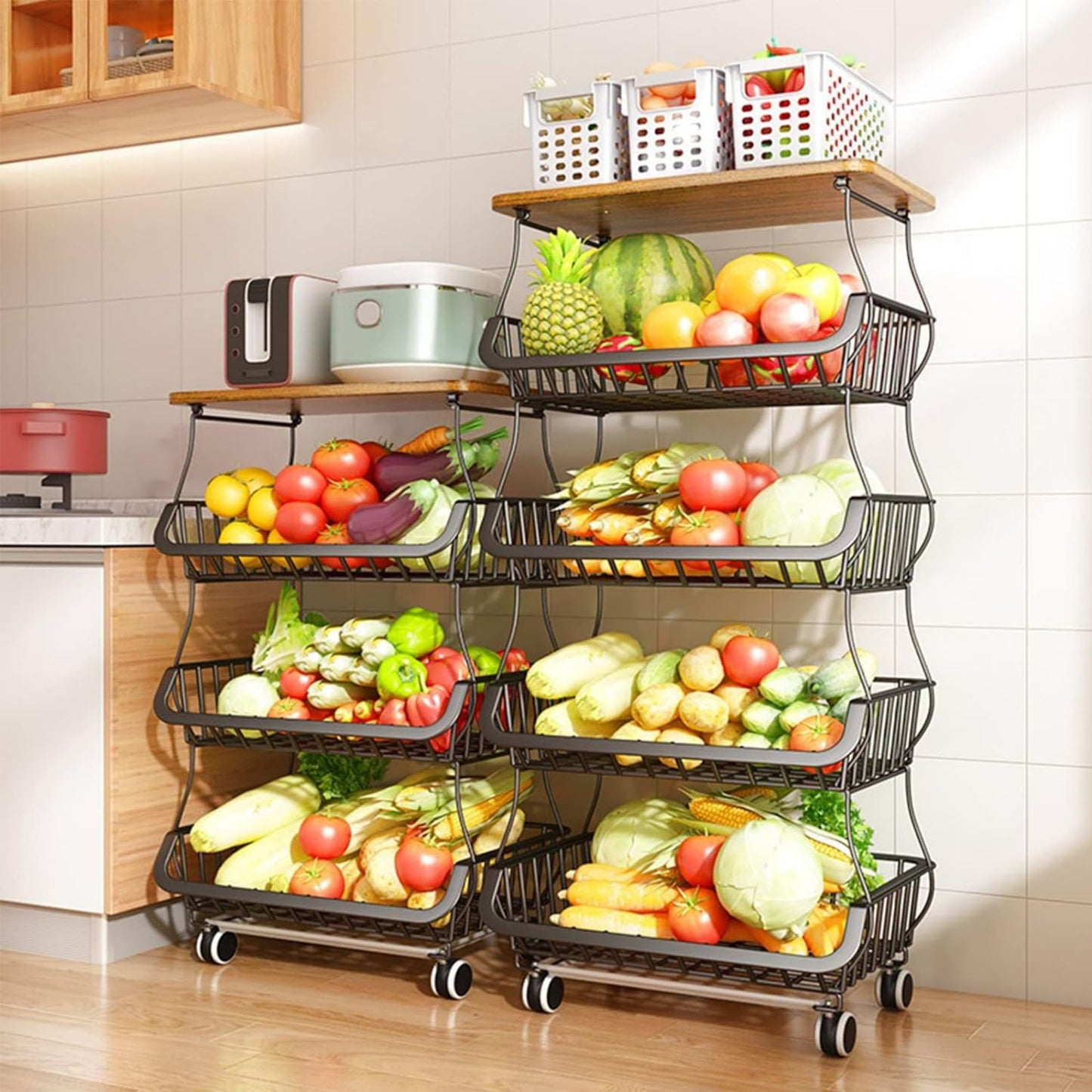 4/5/6 Tier Fruit Basket for Kitchen Organizers and Storage,with Solid Wood Top,Stackable Metal Wire Basket Stand Cart with Wheels for Fruit Vegetable