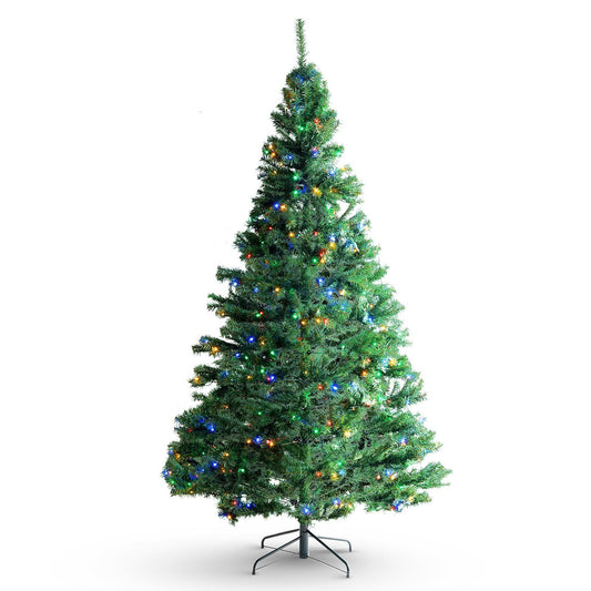 VEVOR Christmas Tree, 7.5ft Prelit Artificial Xmas Tree, Full Holiday Decor Tree with 550 Multi-Color LED Lights, 1346 Branch Tips, Metal Base for Home Party Office Decoration