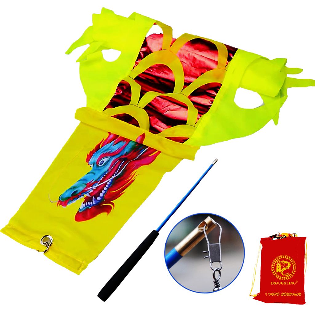 3 Meters (9.8 FT) Golden Scale Silk Dragon POI Outdoor Flinging Wind Spinners & Fitness Dragon Dance Wu Long 3D dragon Ribbon Streamer with Fiberglass Handstick + Travel Bag!